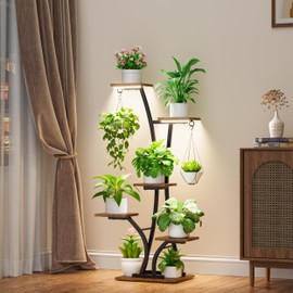 MOSTWOGO Plant Stand with Grow Light for Indoor Plants, 6 Tiered Metal Plant Shelf, 45" Indoor Plant Rack with 7 Shelves and 2 Hooks, Modern Corner Plant Holder for Living Room Balcony Bedroom, Black