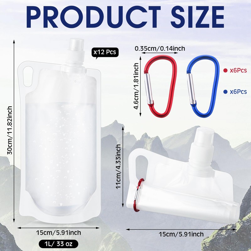 Maxdot 12 Pack 1L Collapsible Travel Water Bottles with Clip