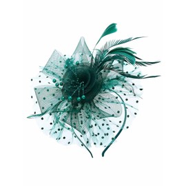 IYOU Feather Fascinators Hats for Women Green Flower Wedding Headband Mesh Veil Church Tea Party Hair Accessories for Brides Bridesmaids Guests