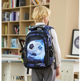 RBYGPL Boys Backpack For Elementary Middle Kids School Bookbag Waterproof School Bags 18 Inch (2-Black Lightning Soccer)