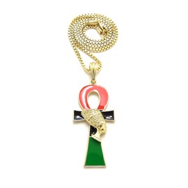 iJewelry2 Egyptian Afro-Flag Colored ANKH Cross with Queen Nefertiti Motif Gold Tone Box Chain Pendant Necklace 18''