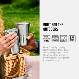Black+Blum Picnic Cup Set of 4 - Stainless Steel Cups with a Bamboo Lid with Bottle Opener and Carry Strap