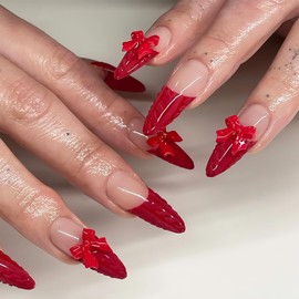 Red French Tip Press on Nails Almond Fake Nails 3D Red Bow Acrylic Nails Medium Glossy False Nails Full Cover Glue on Nails Stick on Nails Christmas New Year Nails for Women Girls 24 Pcs