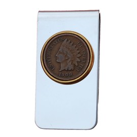 US 1908 Indian Head Small Cent Coin Silver Plated Stainless Steel Two Tone Money Clip NEW - Lucky Penny