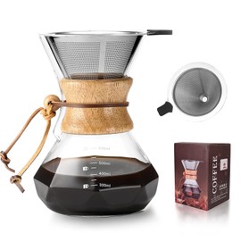 2024 New Juego de cafetera Pour Over, jarra de vidrio sin papel con filtro de acero inoxidable 304, cafetera de vidrio reutilizable, goteador de café manual, goteo (600ML)
