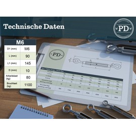 PD® Turnbuckle M6 stainless steel A4 (hook eyelet), rope tensioner, awning, rust-free, tension hook with tension screw, wire tensioner for sail attachment, washing line and more, wire rope tensioner,