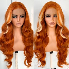 BlackSwern Ginger Wig With Blonde Skunk Stripe 13x6 Synthetic Lace Front Wig,HD Lace Frontal Wig Blonde Highlight Pre-Plucked,26inch Body Wave Wigs 200 Density,Pre-Plucked PLUS 1.5’’ Hairline