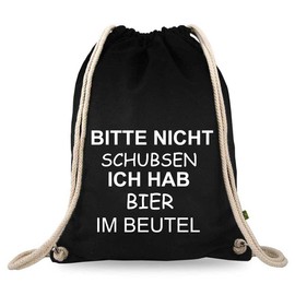 Turnbeutelliebe® Gym Bag with Saying – Modern – Funny – Women – Men – Children – Cotton Black – Sports Bag – Backpack – Fabric Bag – Approx. 12 Litres – 37 x 46 cm, Bitte Nicht Schubsen Ich Hab Bier