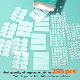 TKTK Large Pimple Patches for Face, 68 x 27 mm XL Acne Patches, Big Hydrocolloid Bandages for Body, Forehead, Chin, Nose, Chest and Back Blemish Zit Breakouts (Strip, Contoured, Dot 5 Sizes 295 Count)
