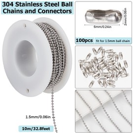 SUNNYCLUE 32.8Feet/ 10m 1.5mm Stainless Steel Bead Chain Silver Bead Ball Chain Metal Beaded Dog Tag Chains Roll Connectors Cord End Clasps Link for jewellery Making Supplies Necklace Women Diy Crafts