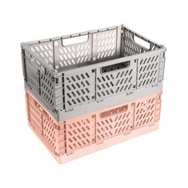 2 Pieces Folding Crate, Plastic Sturdy Folding Boxes, Foldable Storage Basket, Stackable Folding Box Set for Storage, Kitchen, Bedroom, Study, Office, Garden (Grey + Pink, 30.5 x 20 x 12 cm)