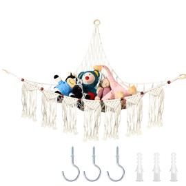 ILSSLI Stuffed Animal Toy Storage Net Macrame Toy Hammock Plush Toy Doll Corner Hanging Net Soft Stuff Animal Toys Organizer Mesh Hammock with Hooks for Nursery Bedroom Room Decor