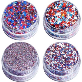 Purpurina Corporal 4 Tarros de Maquillaje Brillante en Escamas Gruesas Glitter Pelo Patriótico 250 Aniversario EE.UU. Niñas para Todas las Edades, y Festivales