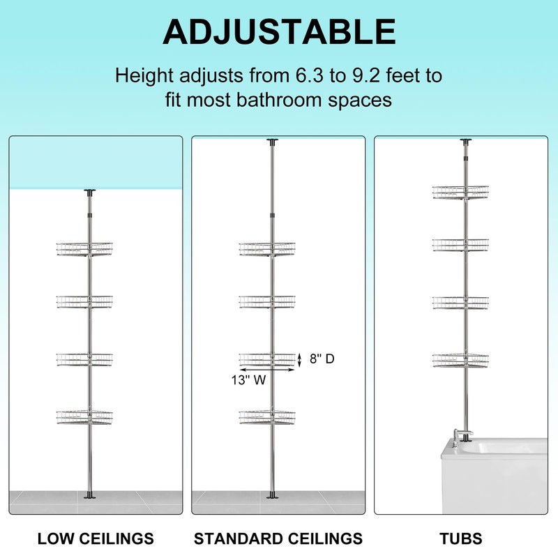 Takywep Corner Shower Caddy Tension Pole, 4-Tier Rustproof Bathroom Shelves