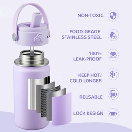 COKTIK Kids Water Bottle with Straw, 14oz Insulated Stainless Steel Tumbler, Leak-Proof Locking Lid for School, Lunchbox, Outdoor Sports,Case with Shoulder Strap (1 Pack, Purple)