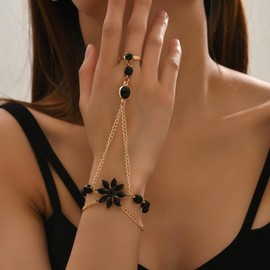 Dainty Bracelets for Women Trendy, Ring Hand Chain with Black Lotus Charm Adjustable Link Bracelets Fashion Jewelry Gift for Women