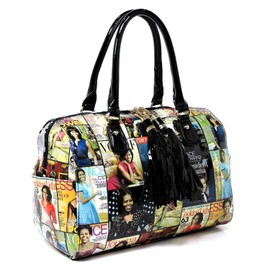 Amy & Joey Glossy Magazine Cover Collage Michelle Obama Printed Boston style Satchel handbag with Tassels (Multi)
