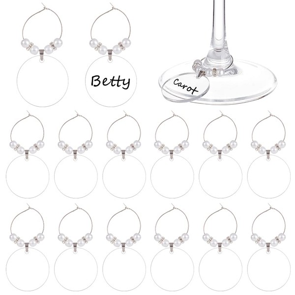 BENECREAT 20pcs Flat Round Clear Wine Glass Name Charms, Acrylic Wine Glass Charms with Brass Wine Glass Charm Rings for Glass Identification and Wine Glass Decoration