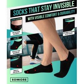 SONNORS 6-Pairs Unisex Invisible Ankle Socks for Mens & Womens - Padded Low Cut Short Mens Athletic Socks 9-12 Black & White