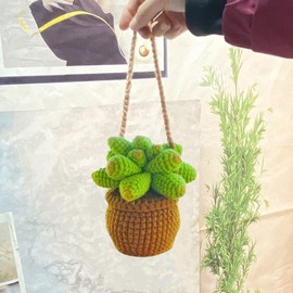 Eforcase Cute Crochet Car Mirror Hanging Accessories, Boho Car Heart Shaped Crochet Rear View Mirror Accessories Plant Crochet Hanging Basket Car Ornament Interior Car Charm