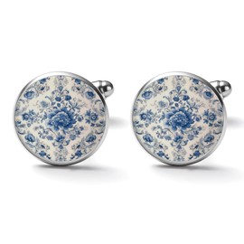 Luckluccy Blue Floral Cuff Links Mens Asian Chinese Japanese Shirt Cufflinks Asian Oriental Cufflinks For Men Maximalist Cuff Links Mens Business Anniversary Groom