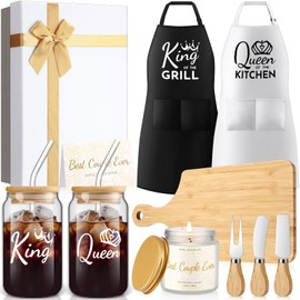 Singhoow 12 Pcs Wedding Gifts for Couples King Queen Glass Cups Aprons Charcuterie Board Candle Butter Knife Box Set for Bridal Shower Engagement Anniversary Newlywed Bride Groom His and Her