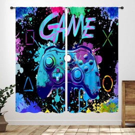 Gamer Curtains,Blue Graffiti Gamepad Colorful Splashed Ink Cute Game Controller Playroom Boys Kids Teen Living Room Bedroom Window Treatment Drapes 21" W x 45" L,2 Panel Set
