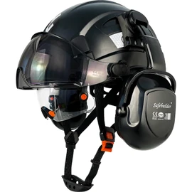 SAFEBUILDER Industrial Safety Helmet with Visor Ear Muffs Hard Hat with Visor Vented OSHA Approved Hardhats Construction Work Head Protection (Black Helmet with Clear & Tinted Visor & B07 Earmuffs)