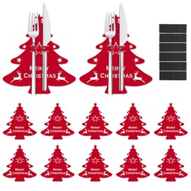 Meetory Cutlery Holder Christmas Felt, Pack of 12 Table Decoration Christmas Cutlery Bag Red Christmas Tree Cutlery Bag with 24 Non-Slip Underlays Cutlery Bags Christmas Decoration for Party
