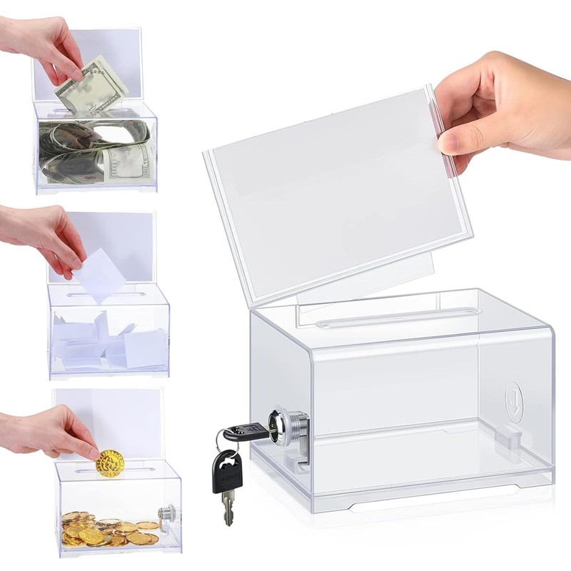Acrylic Donation Box, Lockable, Ballot Box, Transparent with Key Lock,