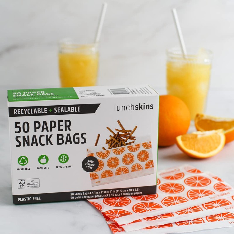 Lunchskins Recyclable + Sealable Food Storage Snack Bags Orange, 50