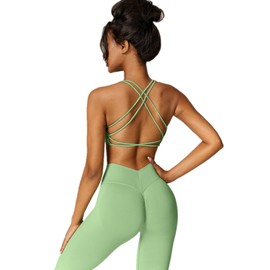 ABOCIW Seamless Cross Back Sports Bra for Women V Back Scrunch Lifting High Waist Leggings 2 Piece Workout Sets for Women Y-Green Large