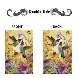 iWeeta Flowers Garden Flags Two Hummingbirds with Some Colorful Flowers Background Double Sided Yard Flags 12x18 inch for Yard Outdoor Decor