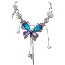 Fairy Chunky Chain Blue Purple Lavender Butterfly Charm Large Pendant Necklace Sliver Short Big Chunky Butterfly Necklaces for Women Multicolor Bling Grunge Fairy Collar Choker Necklace Jewelry (01)