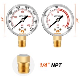 Roastove Low and High Pressure Gauges for Acetylene Regulator 0-30 psi & 0-400psi - 2.5 inches - 1/4" NPT Thread