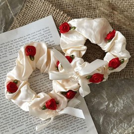 Kistreao Flower Hair Ties Rose Hair Scrunchies Elastic Hair Bands with Ribbon Bows Ponytail Holders Hair Accessories for Women Girls Mother's Day Birthday Wedding Party Favors Supplies 2Pcs