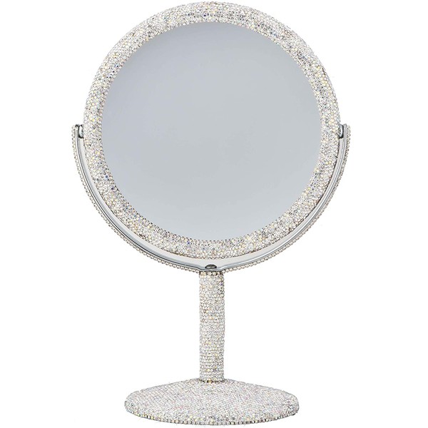 TISHAA Bling Makeup Vanity Mirror - Luxury Stand 2X Magnification Double Sided Glass Cosmetic Crystal Rhinestone Diamond Glitter Portable Desk Bathroom Bedroom Tabletop