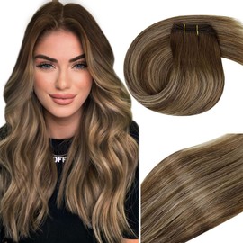 Vivien Real Hair Wefts Extensions 14 Inches / 35 cm Dark Brown Balayage Ombre Caramel Blonde Sew-in Weft Braids Real Hair Brown Remy Human Hair Extensions Bundles 80 g #4/27/4