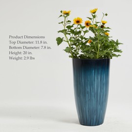 Worth Garden 20" H. Large Plastic Planters - Set of 2 Gradient Blue Glossy Smooth Finish - Tall Plant Pots for Indoor & Outdoor Use - Decorative Lightweight Flower Pots for Front Porch, Patio, Deck