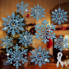 EIMMBD 8pcs Large Snowflakes Ornaments, Plastic Glitter Snowflakes Hanging, Snowflakes Decorations for Christmas Trees Window Door Indoor Outdoor Decorations Winter Decor(Blue)