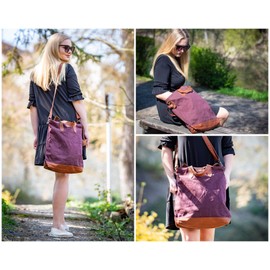 Leconi LE0037-C Women's Shopper Leather and Canvas Vintage Look Shoulder Bag Large Bag DIN A4 Women's Handbag 39 x 45 x 10 cm - Red -