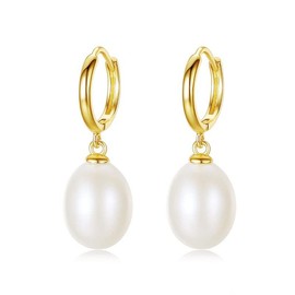 Huge Tomato AAA Freshwater Pearl Earrings Pearl Drops 9-10 mm Oval Real Pearl Earrings with 18K Gold, Sterling Silver, Pearl