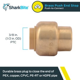 SharkBite 3/8 Inch (1/2 Inch OD) Push Cap, Push to Connect Brass Plumbing Fitting, PEX Pipe, Copper, CPVC, PE-RT, HDPE, U512LFA
