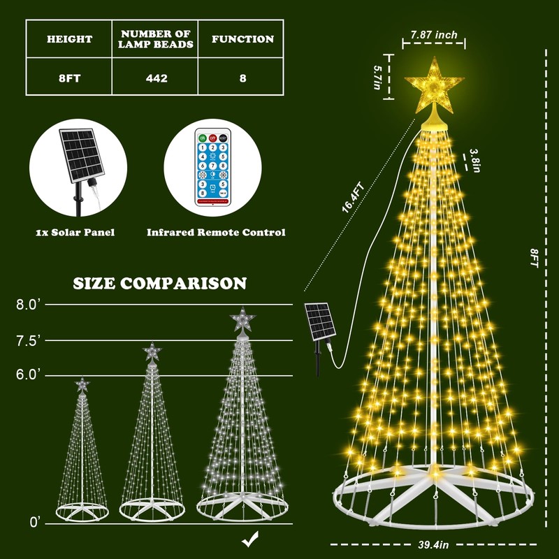 Outdoor Solar Christmas Cone Tree Lights, 8ft 442 LED Christmas
