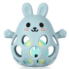 HOTUT Silikon Babyrassel Kaninchen, BPA-frei Spielzeug-Silikon Baby Ball Beißring, Weich Greifball für Babys, Baby Rassel Beißring Spielzeug für Neugeborene Kleinkinder (Staubiges Blau)
