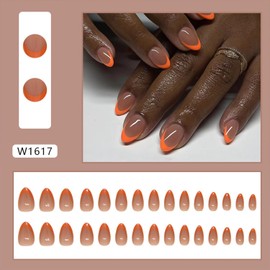 Tyuimhx Orange French Tip Press on Nails Short Almond Fake Nails Glossy Full Cover Stick on Nails Acrylic Artificial False Nails for Women Glue on Nails 30Pcs