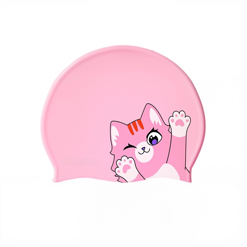 Pink Swimming Cap for Girls Age 3-12, Adorable Cat