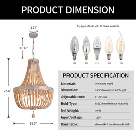 cloylinc 6-Lights Farmhouse Boho Wood Bead Chandelier,Modern Natural Wooden Beaded Pendant Light Fixture,E12 Adjustable Pendant Lighting for Dining Room Living Room Bedroom