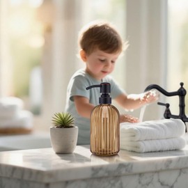 16 OZ Amber Glass Soap Dispenser, Amber Stripe Bathroom Hand Soap Dispensers with Stainless Steel Bronze Pump,Brown Glass Kitchen Hand Soap Dispenser with Oil Rubbed Bronze Pump