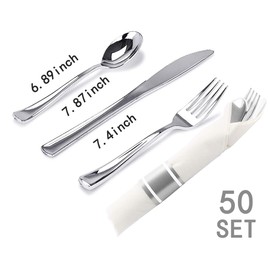 WELLIFE 350 Pcs Silver Plastic Plates with Silverware and Disposable Cups, Includes: 50 Dinner Plates 10.25”, 50 Dessert Plates 7.5”, 50 Silver 9 OZ Cups, 50 Pre Rolled Napkins Packed in